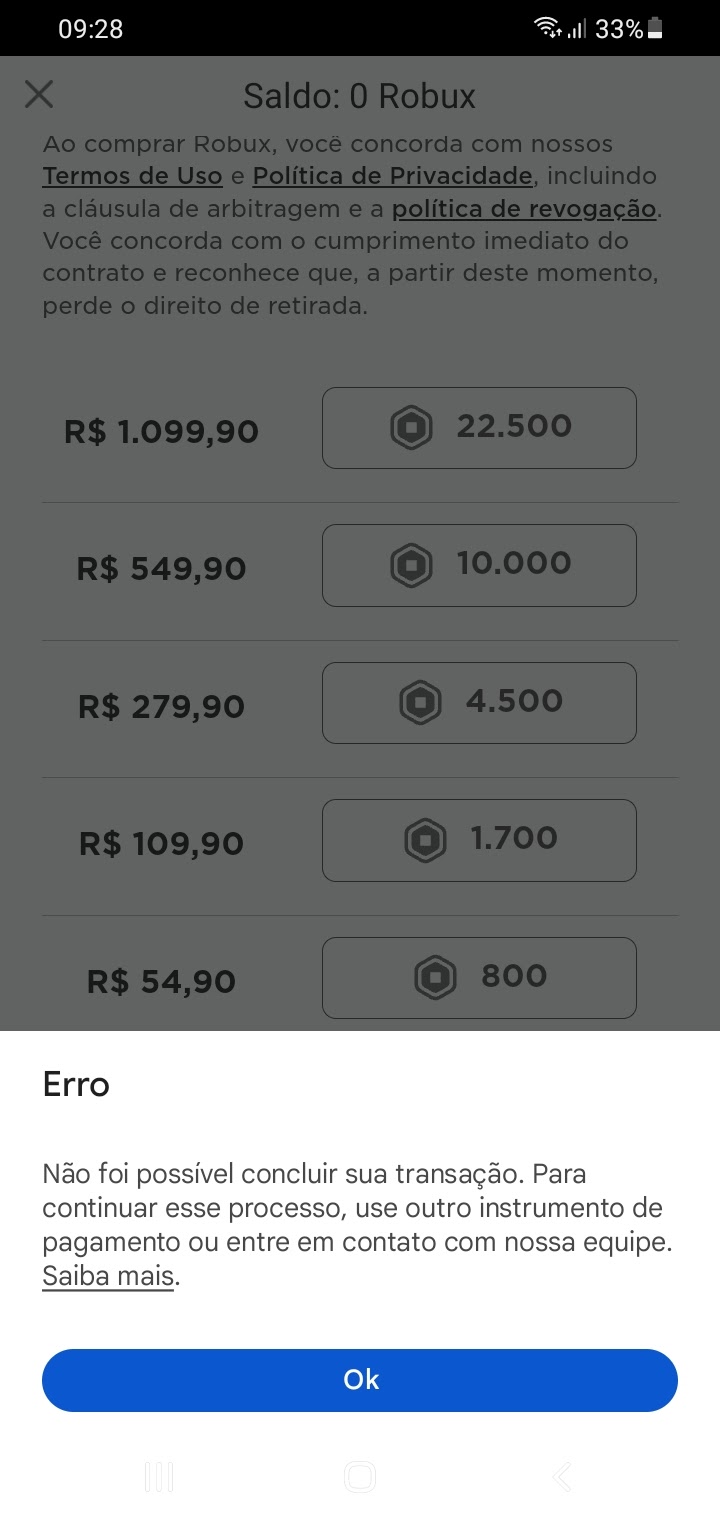 Erro na compra de robux no roblox - Comunidade Google Play