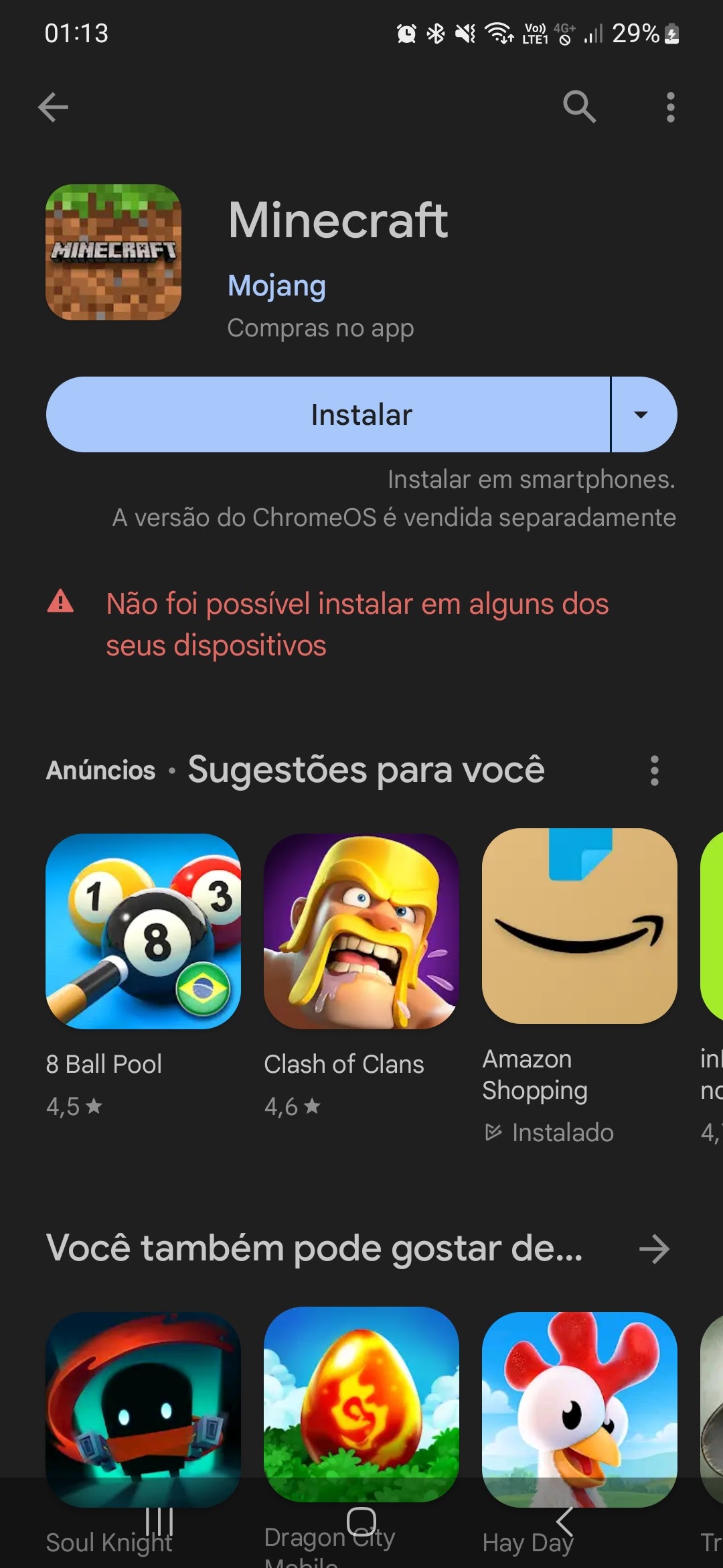 não consigo baixar o minecraft - Comunidade Google Play