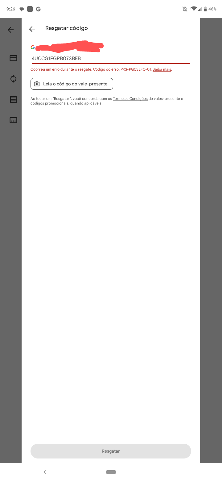 Precisamos de mais informações sobre seu vale-presente com código de resgate  - Comunidade Google Play