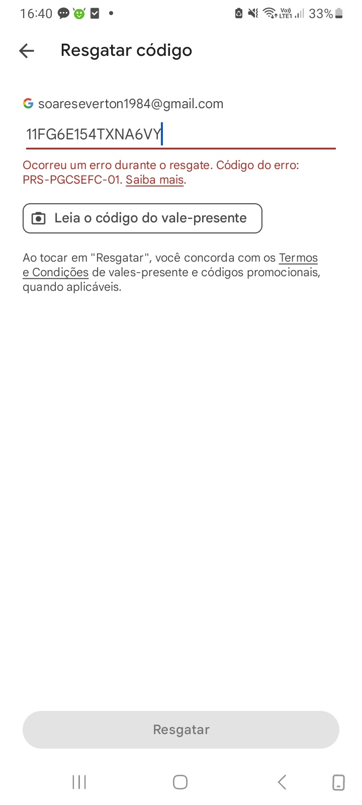 Como faço pra resgatar meu gift card sendo que está dando erro - Comunidade Google  Play