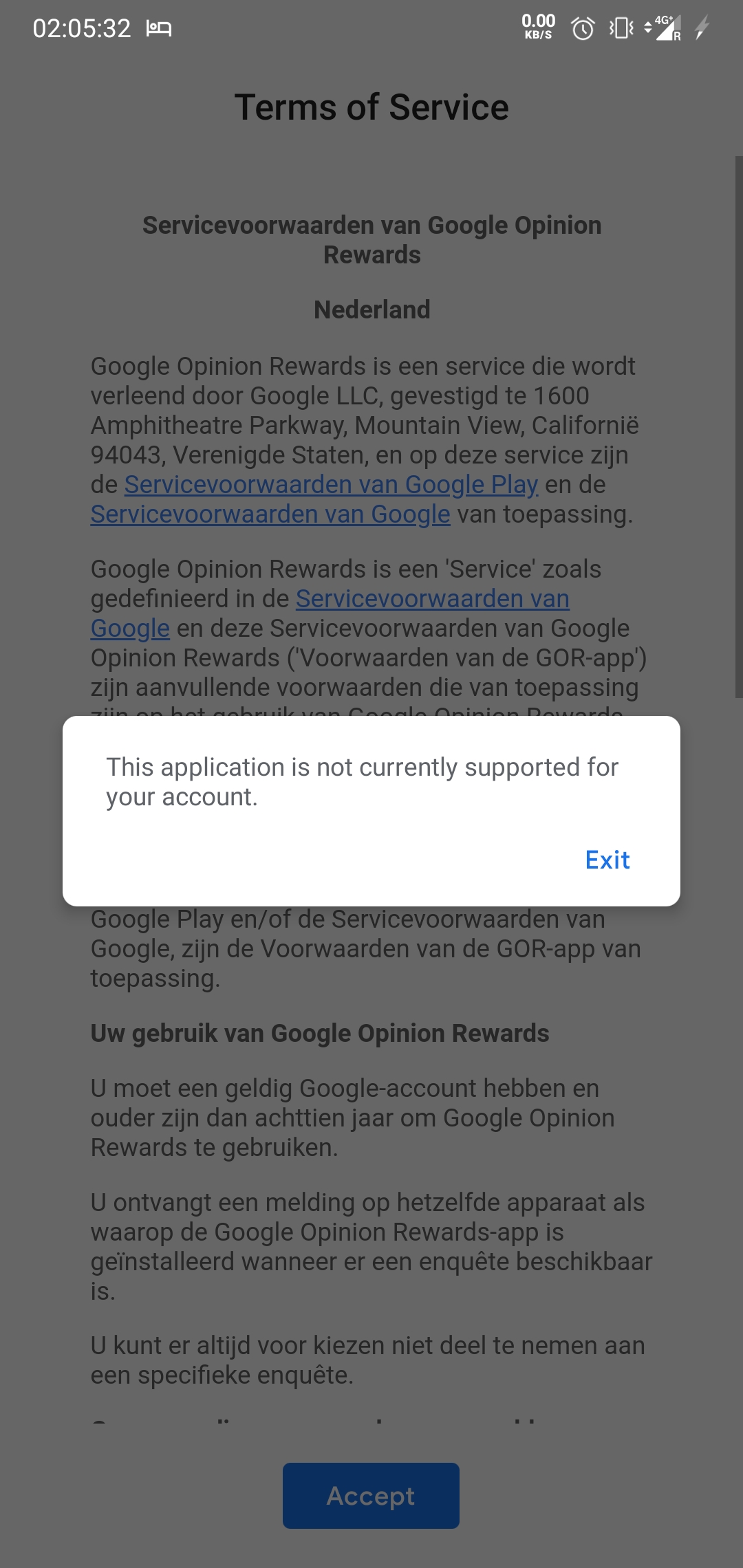 Can T Accept Opinion Reward S Terms Of Service Application Currently Not Supported For Account Google Account Community