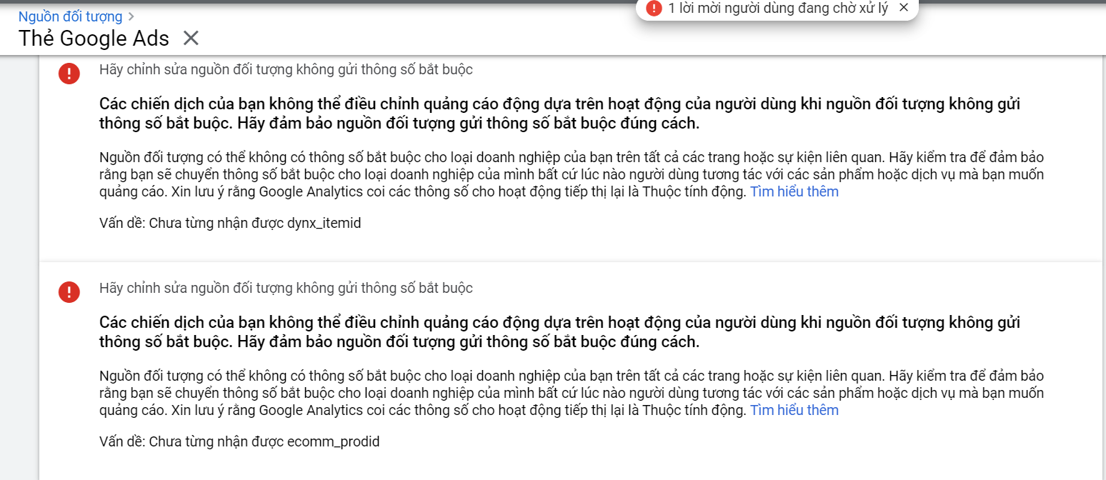 Thẻ Google Ads báo lỗi - Cộng đồng Google Ads