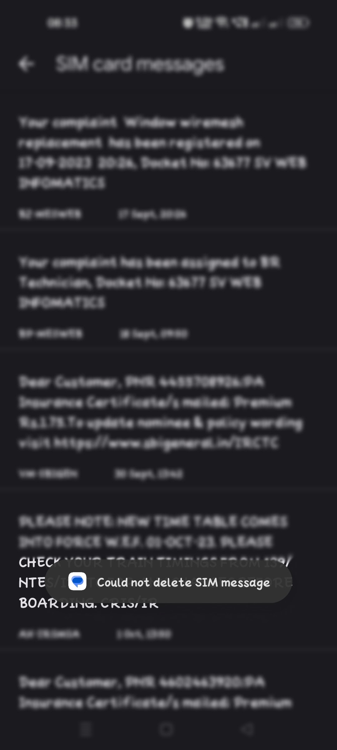 I am unable to delete SIM CARD message. &lsquo;Could not delete SIM card 