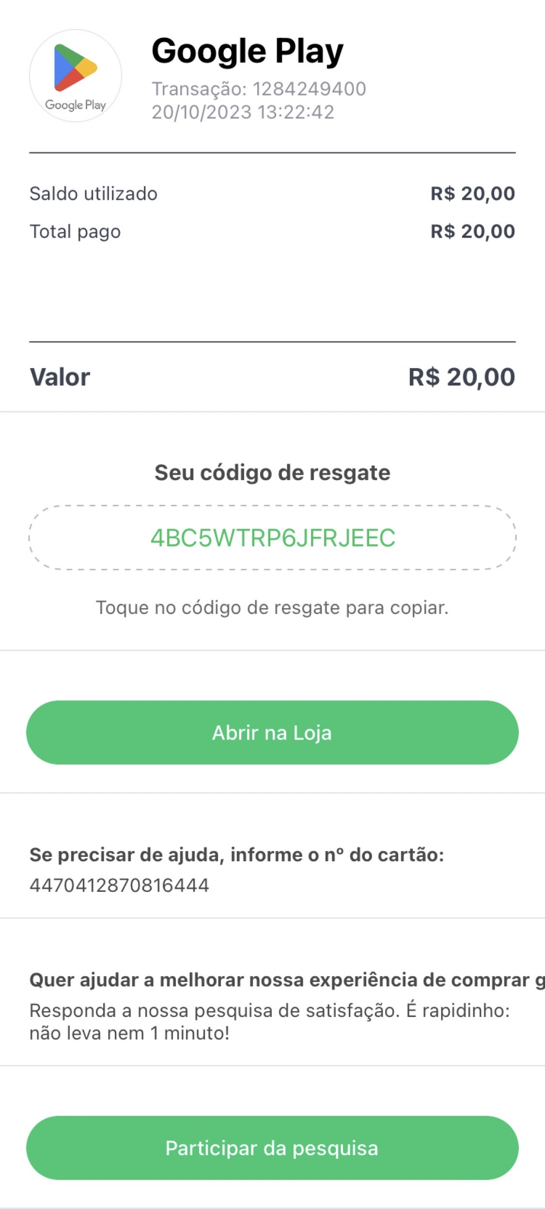 Gift Card Google Play 10 reais - Envio Digital - Gift Card Online