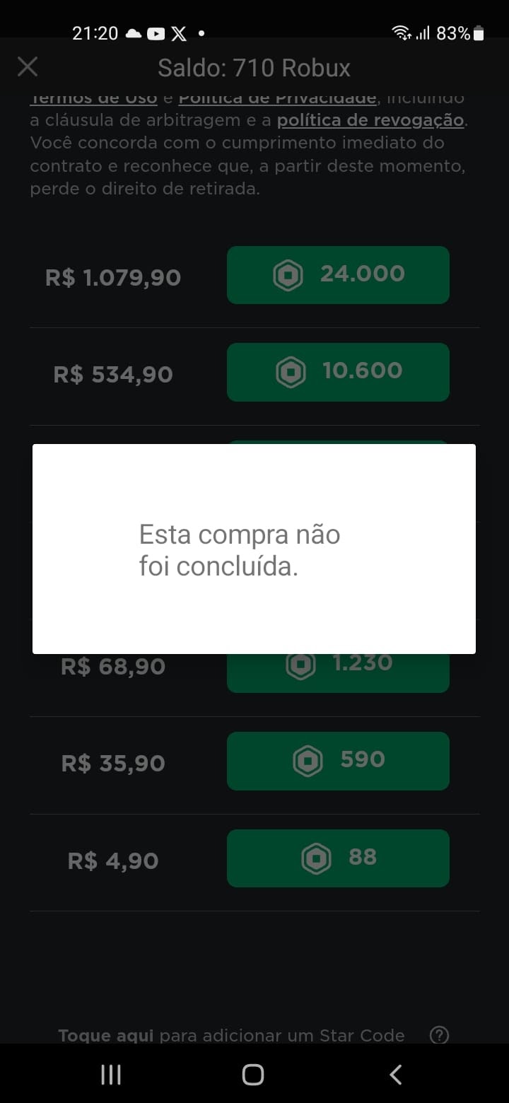 Estou tentando comprar Robux no Roblox e fala ERRO falha na transição -  Comunidade Google Play