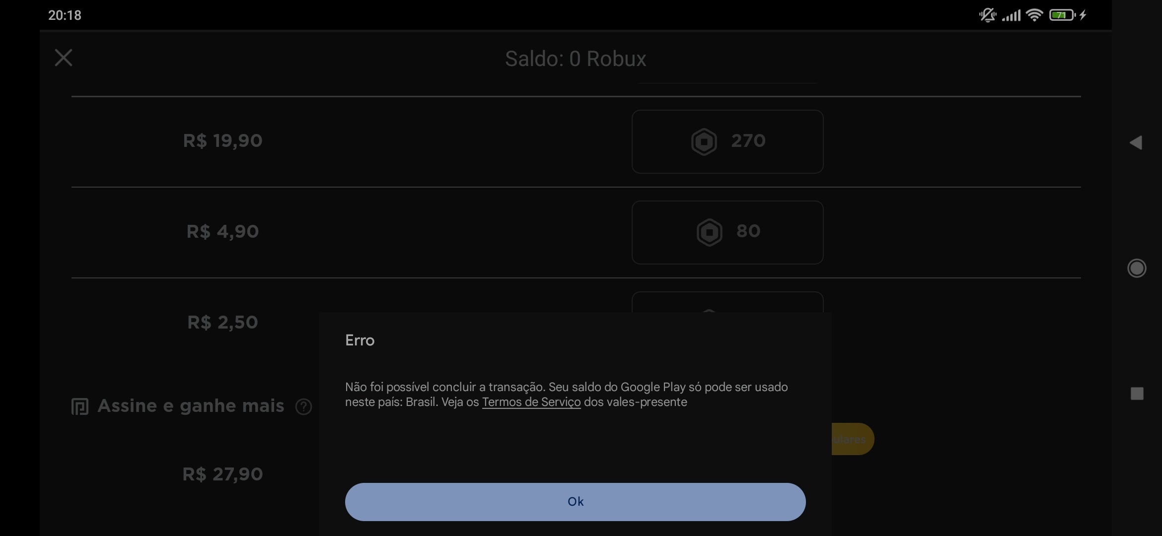 Erro ao comprar robux - Comunidade Google Play