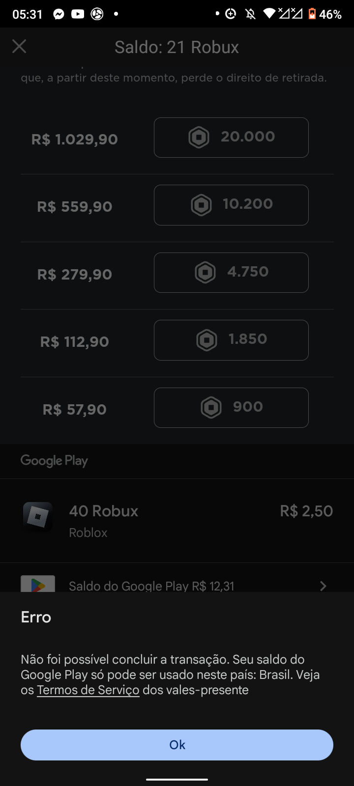 Não consigo comprar robux no roblox - Comunidade Google Play