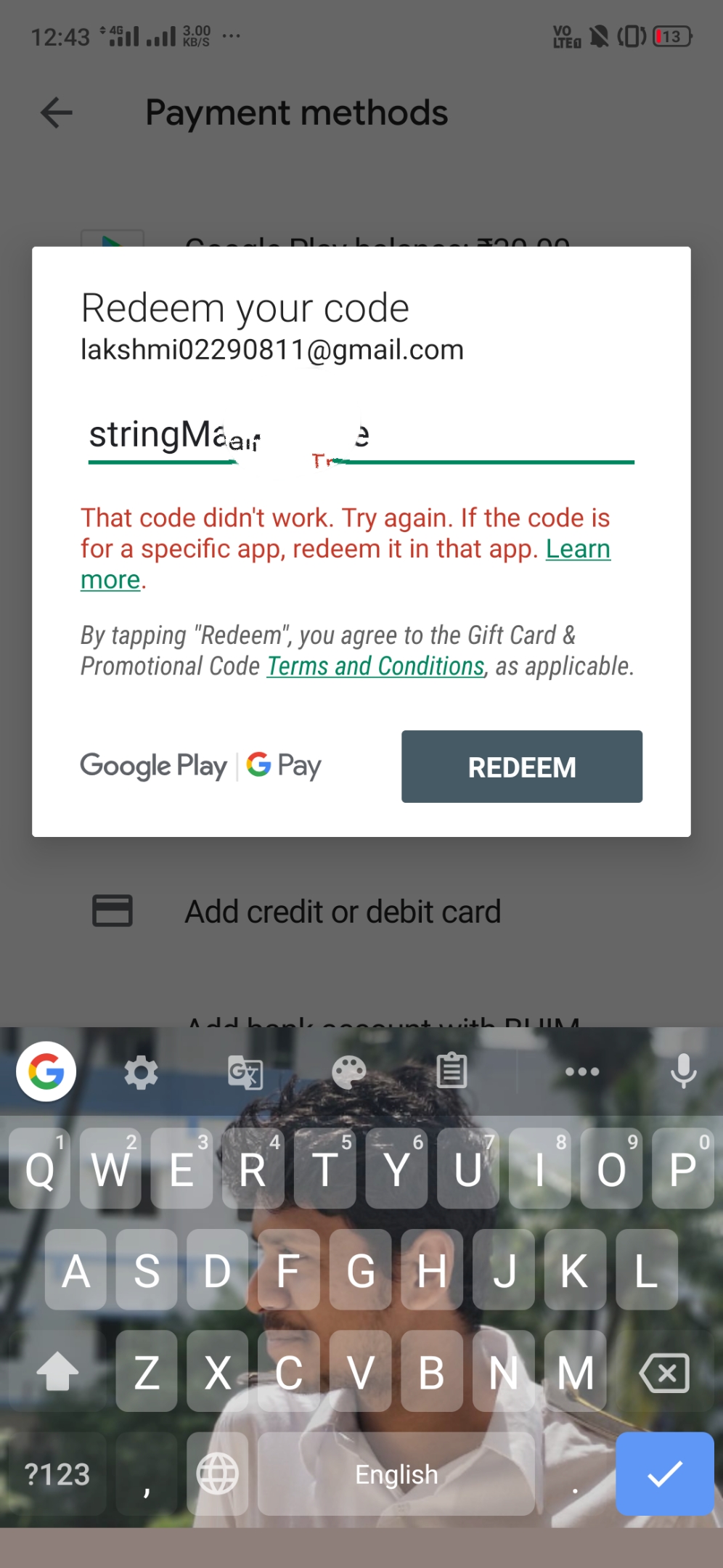 Redeem code not redeem - Google Play Community