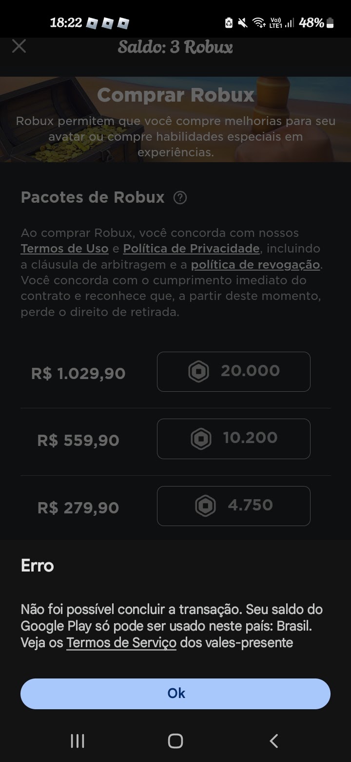 Estou tentando comprar Robux no Roblox e fala ERRO falha na transição -  Comunidade Google Play