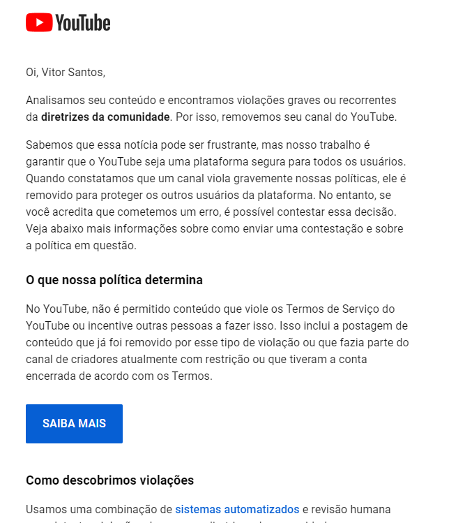 Minha conta foi encerrada mas não sei o motivo - Comunidade