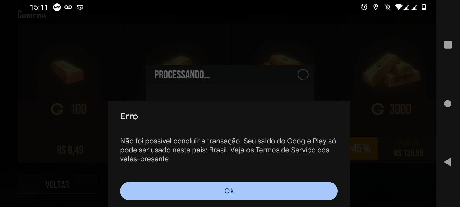 Estou a 2 dia tentando comprar golds no standoff 2,porém da como c