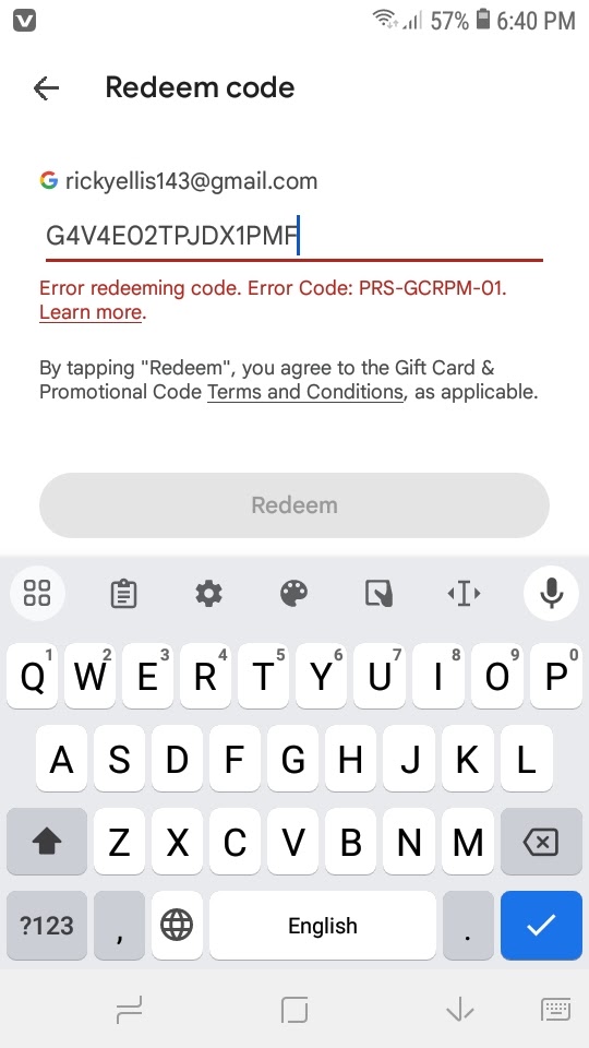 Error redeeming code. Error Code: PRS-GCRPM-01. - Google Play Community