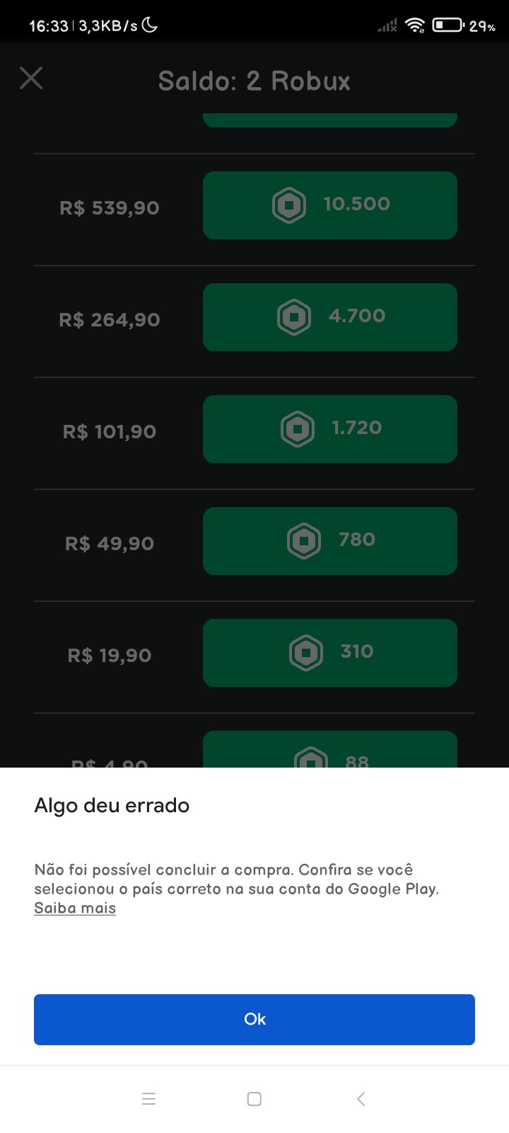 Não consigo comprar robux! Não foi possível concluir a compra