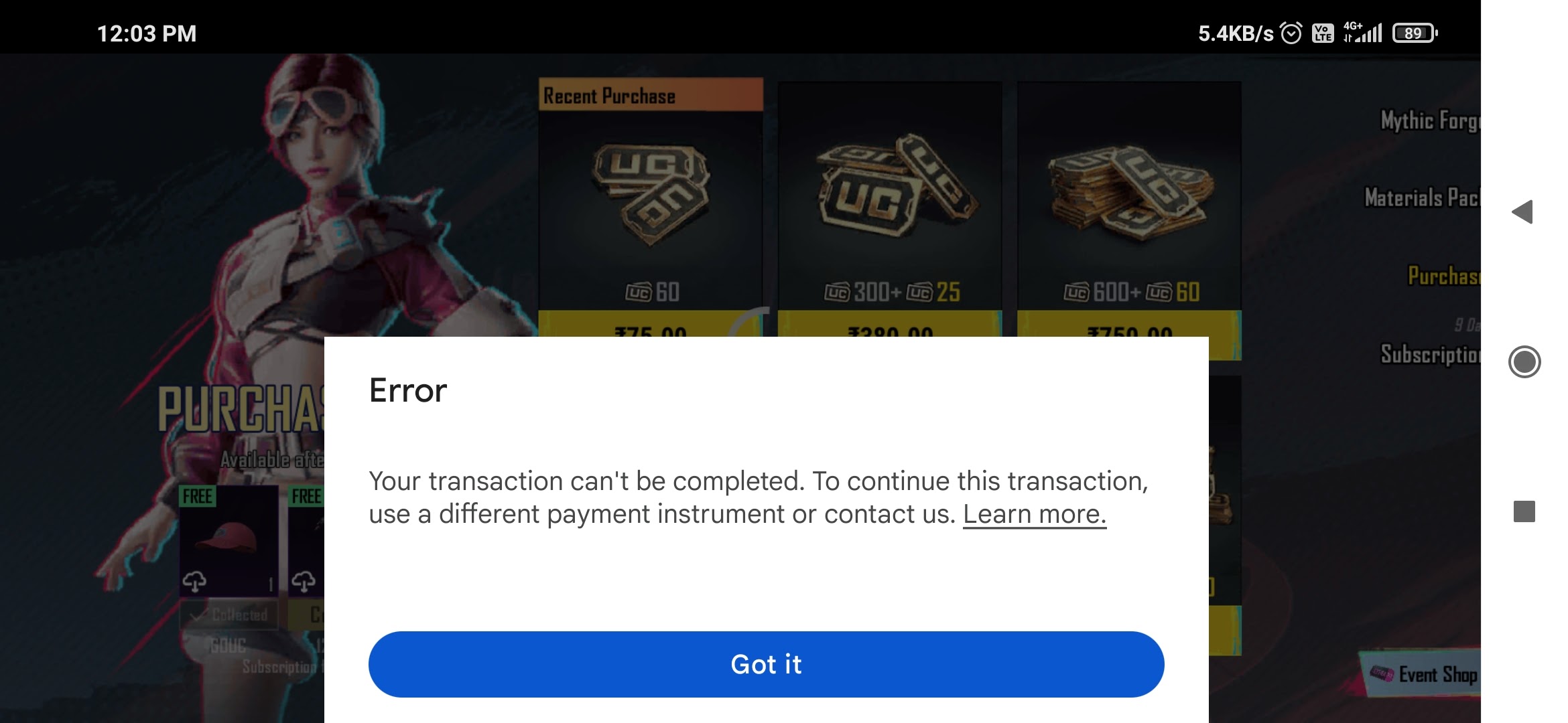 Transaction can't be complete - Google Play Community