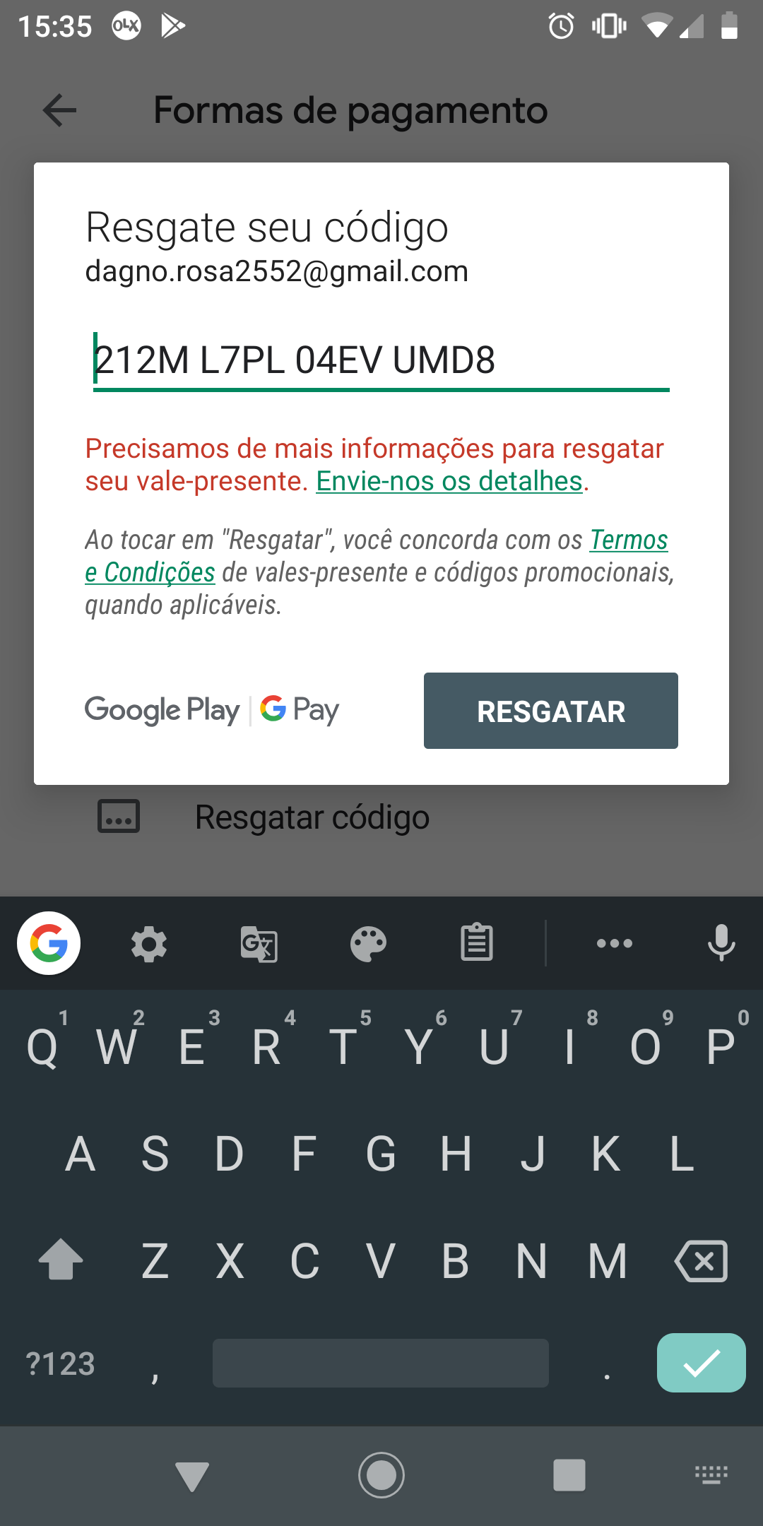 GooglePlay: resgatar mais de um código e usar valor pra comprar  armazenamento.