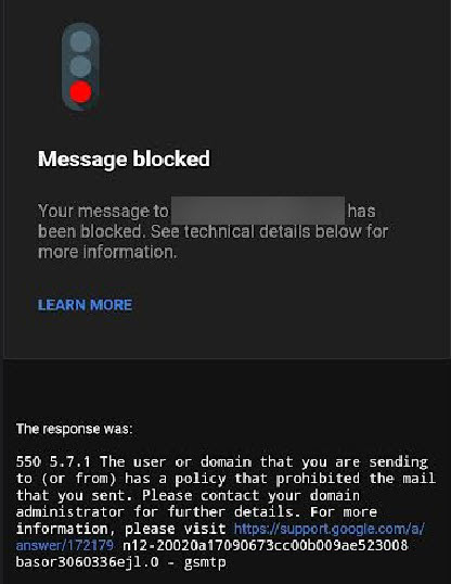 Personal gmail blocked with 550.5.7.1 to work email account 