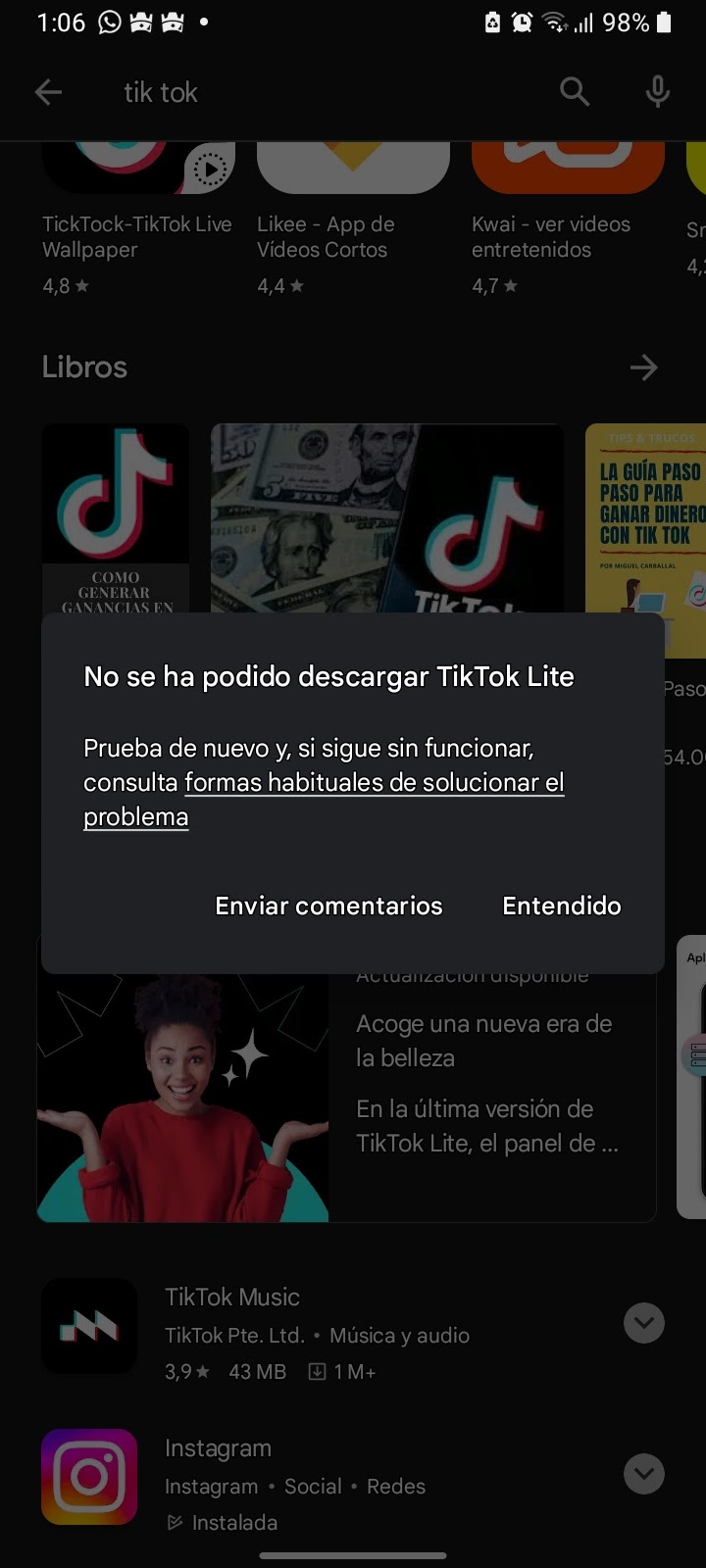 Cuando intento descargar tik tok lite o tik tok me sale una advertencia de  volver a intentar - Comunidad de Google Play