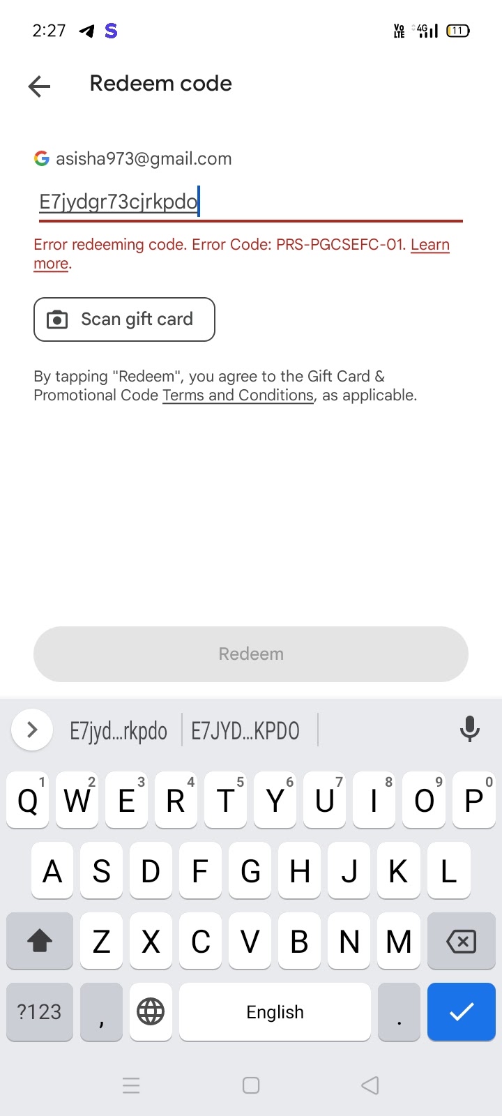 I messed up the redemption code - Google Play Community