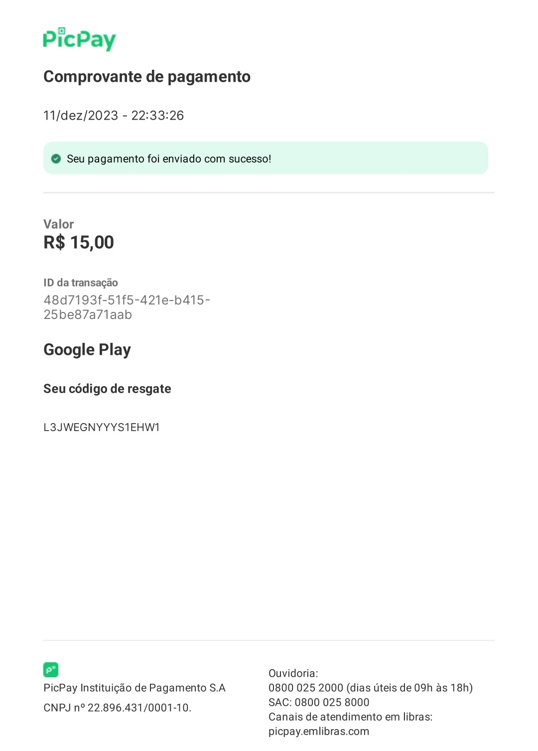 Créditos Google Play com Pix - Vales-presente