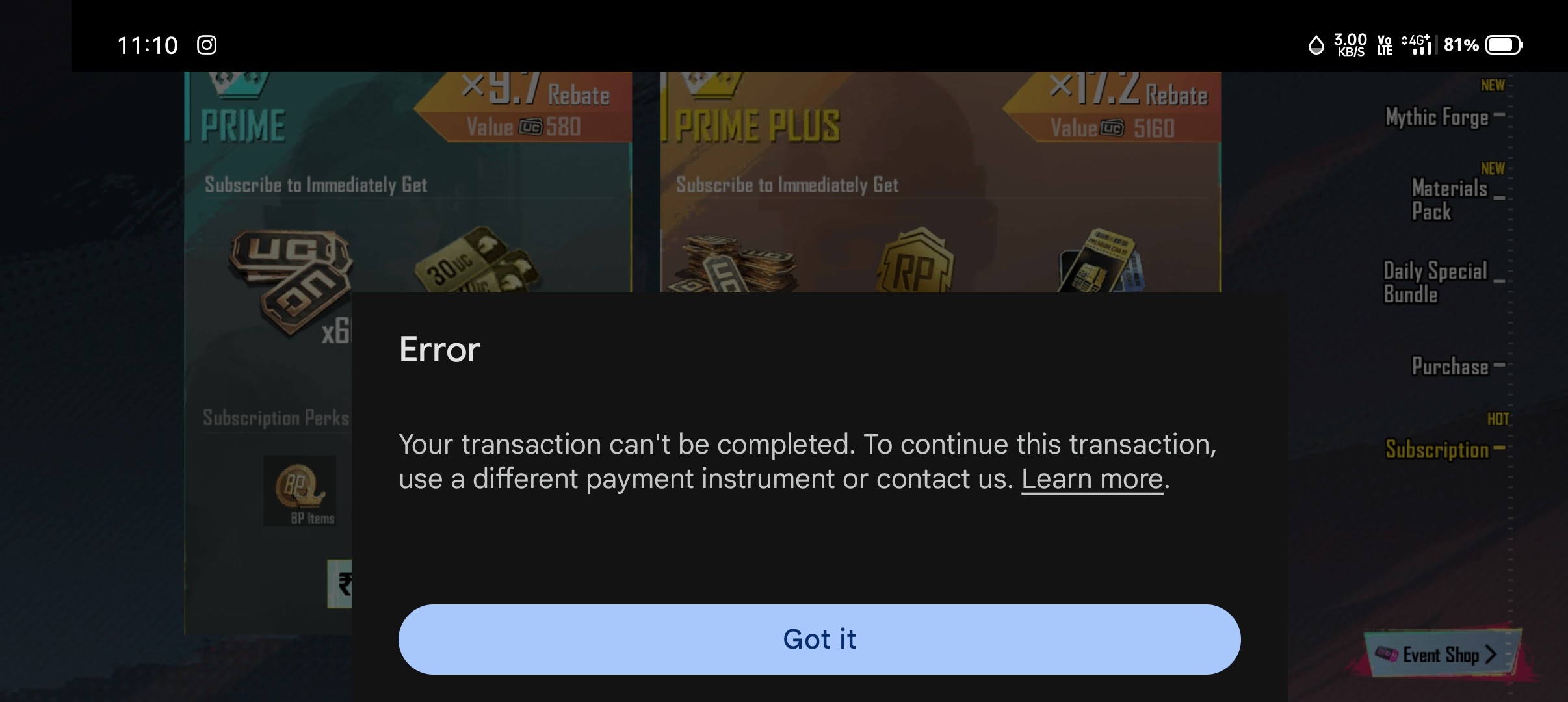 Transaction can't be complete - Google Play Community