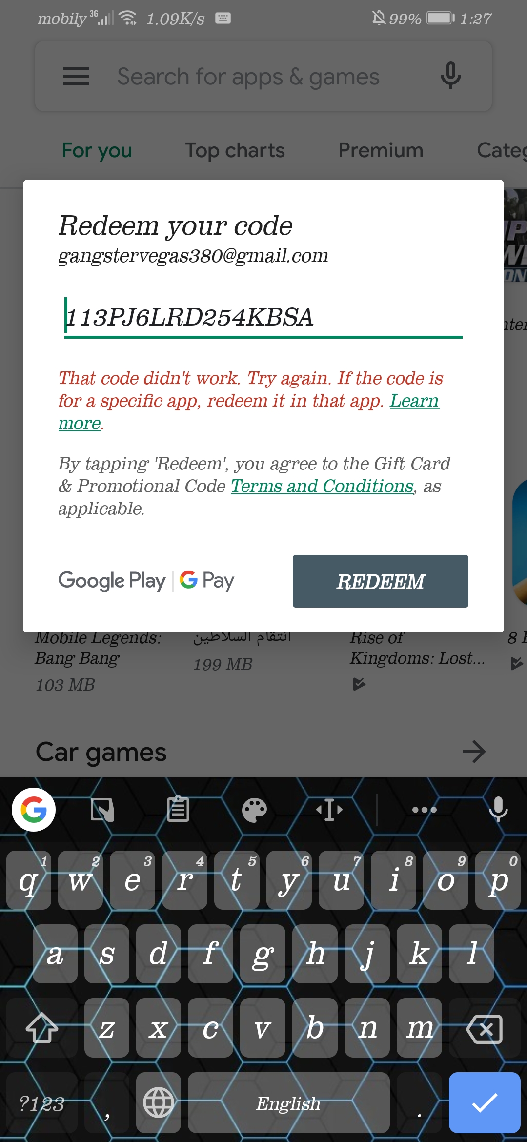 My Google Play Gift Card Isn't Working. (HELP!)