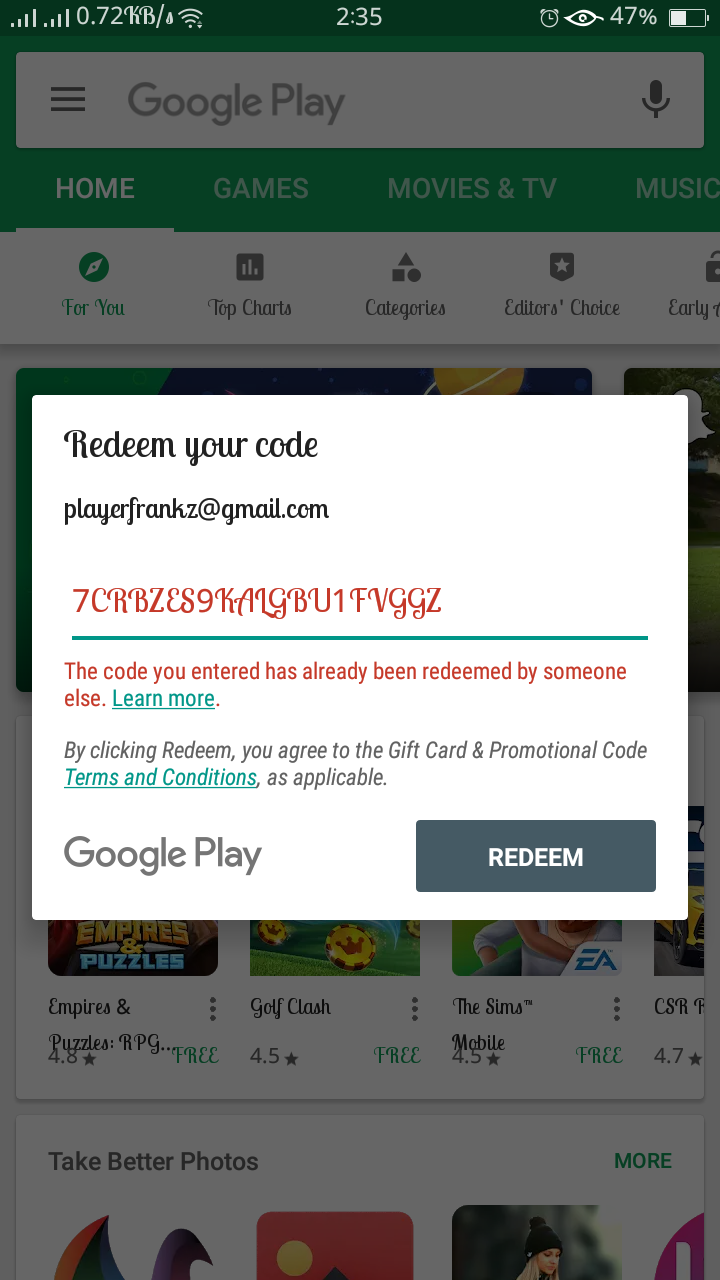 Card redeem problem - Google Play Community