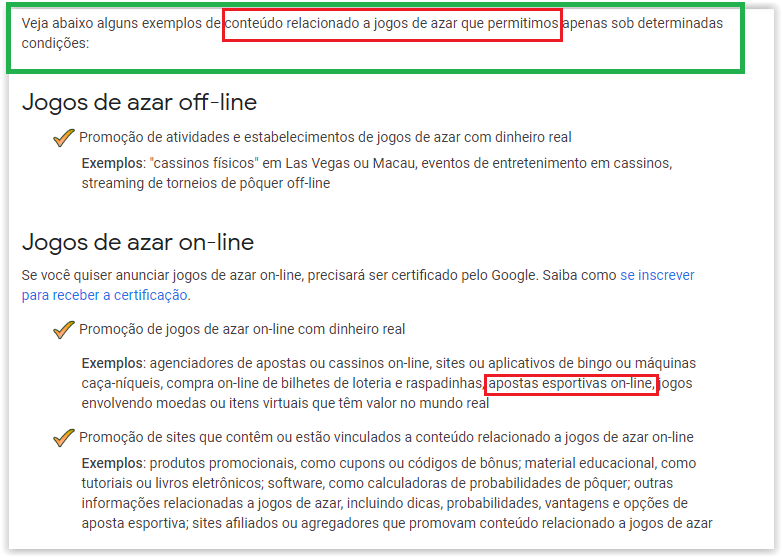 Jogos de azar - Ajuda do Políticas do Google Ads