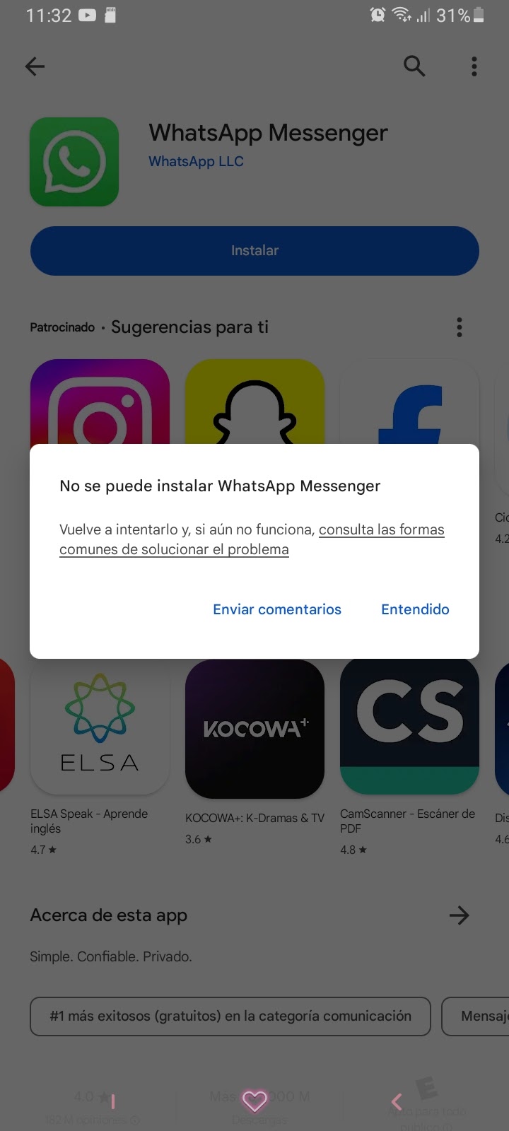 no puedo descargar whatsapp - Comunidad de Google Play