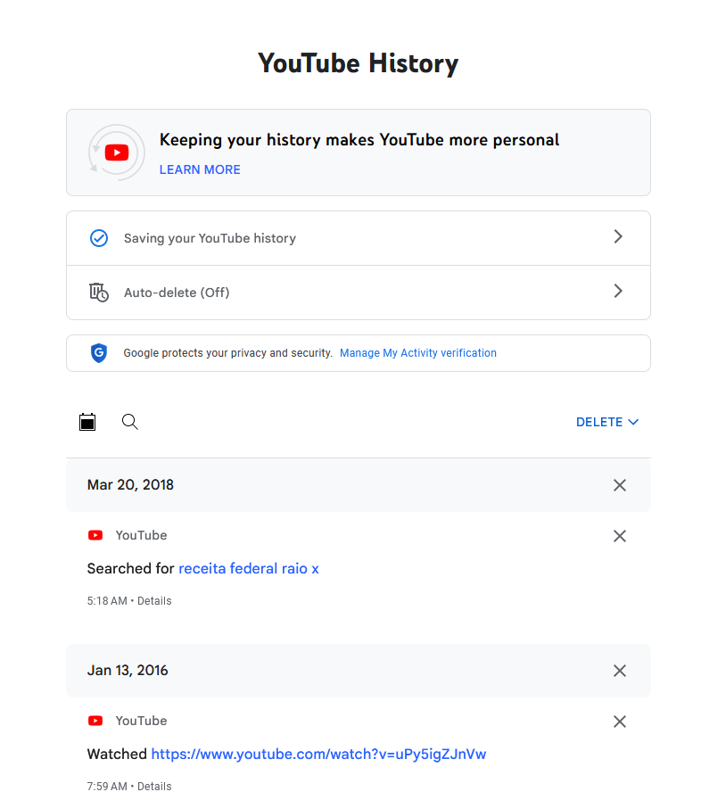 Data from Youtube app won t show in Manage Google Account