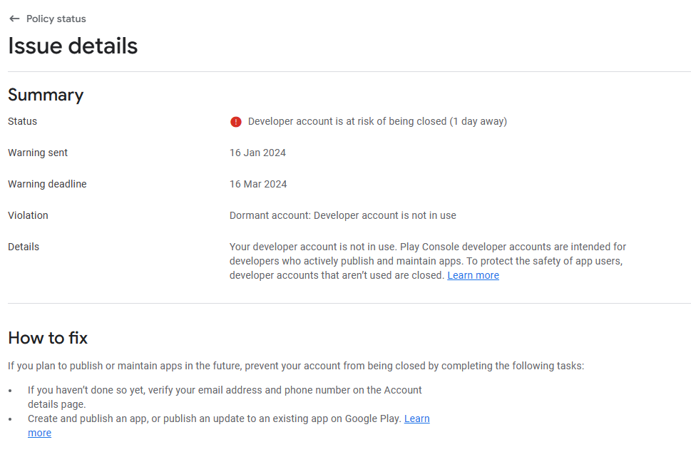 Google Play Account Suspension Warning