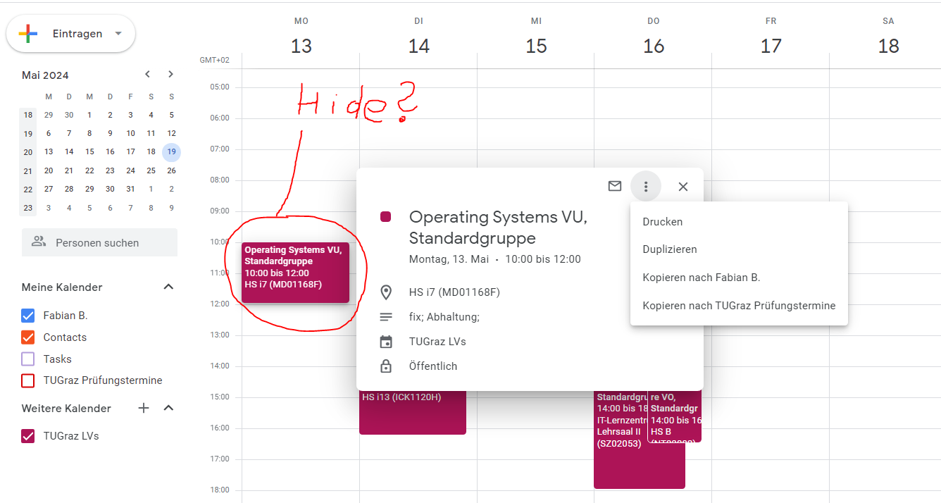 Delete/Hide only specific events from third party calendar
