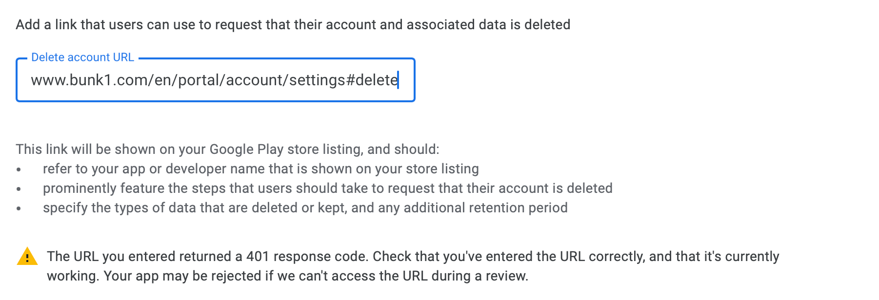 Request for assistance : Account Deletion URL in Data saftey Form 