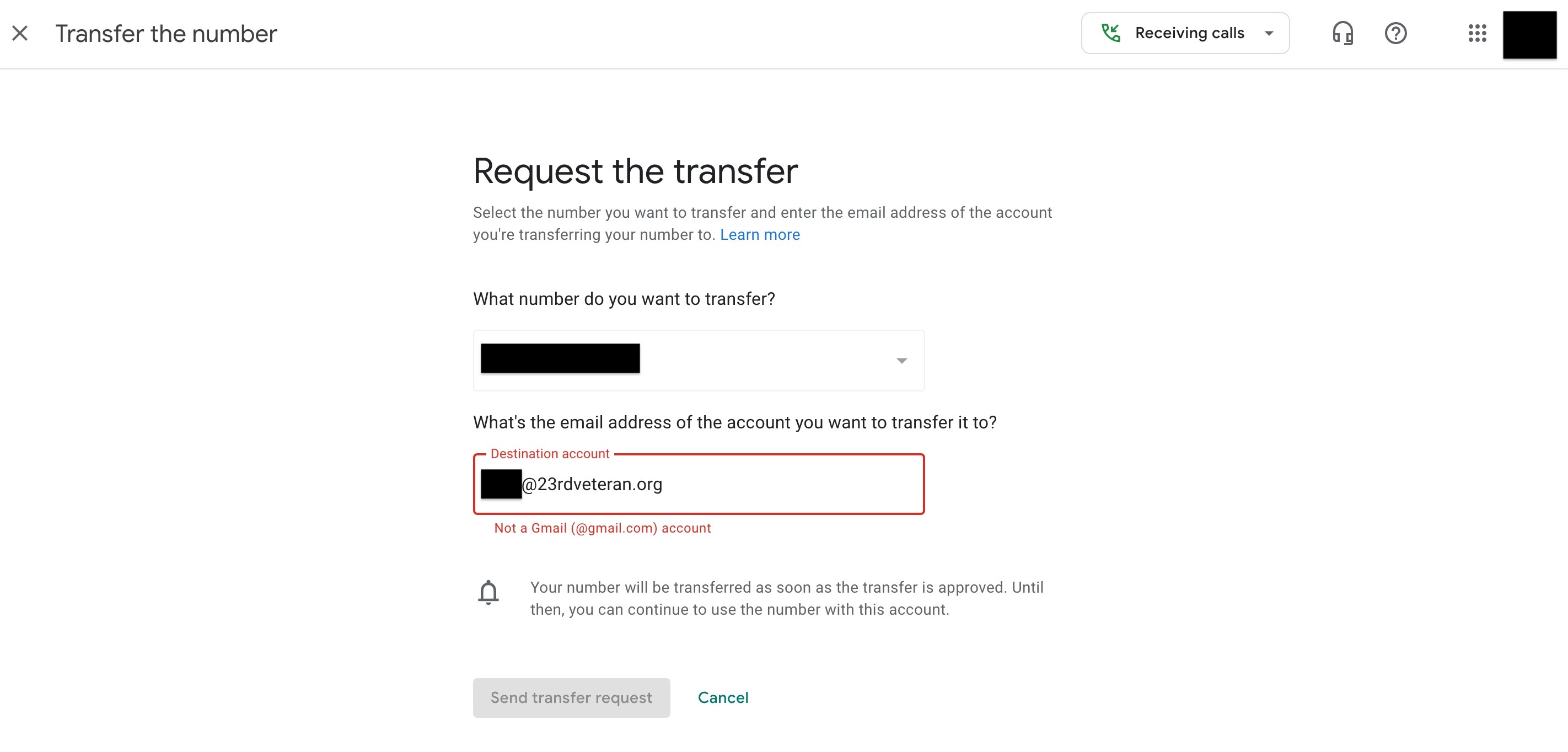 Transferring Google Voice Number to Gsuite account not ending in 