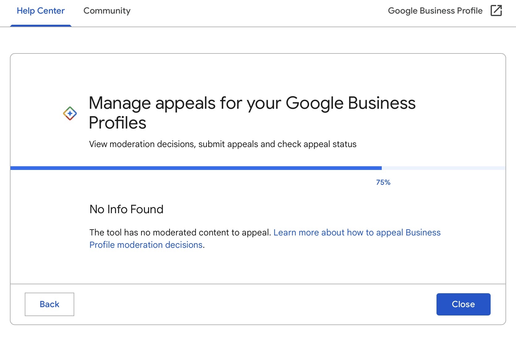 Business Profile Suspended, but when I go to appeal it says “no 