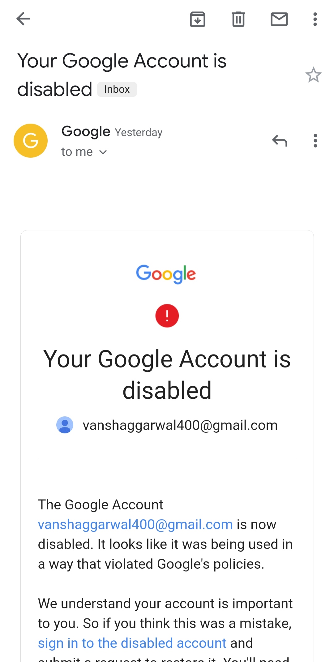 Google account deleted due to tos violations