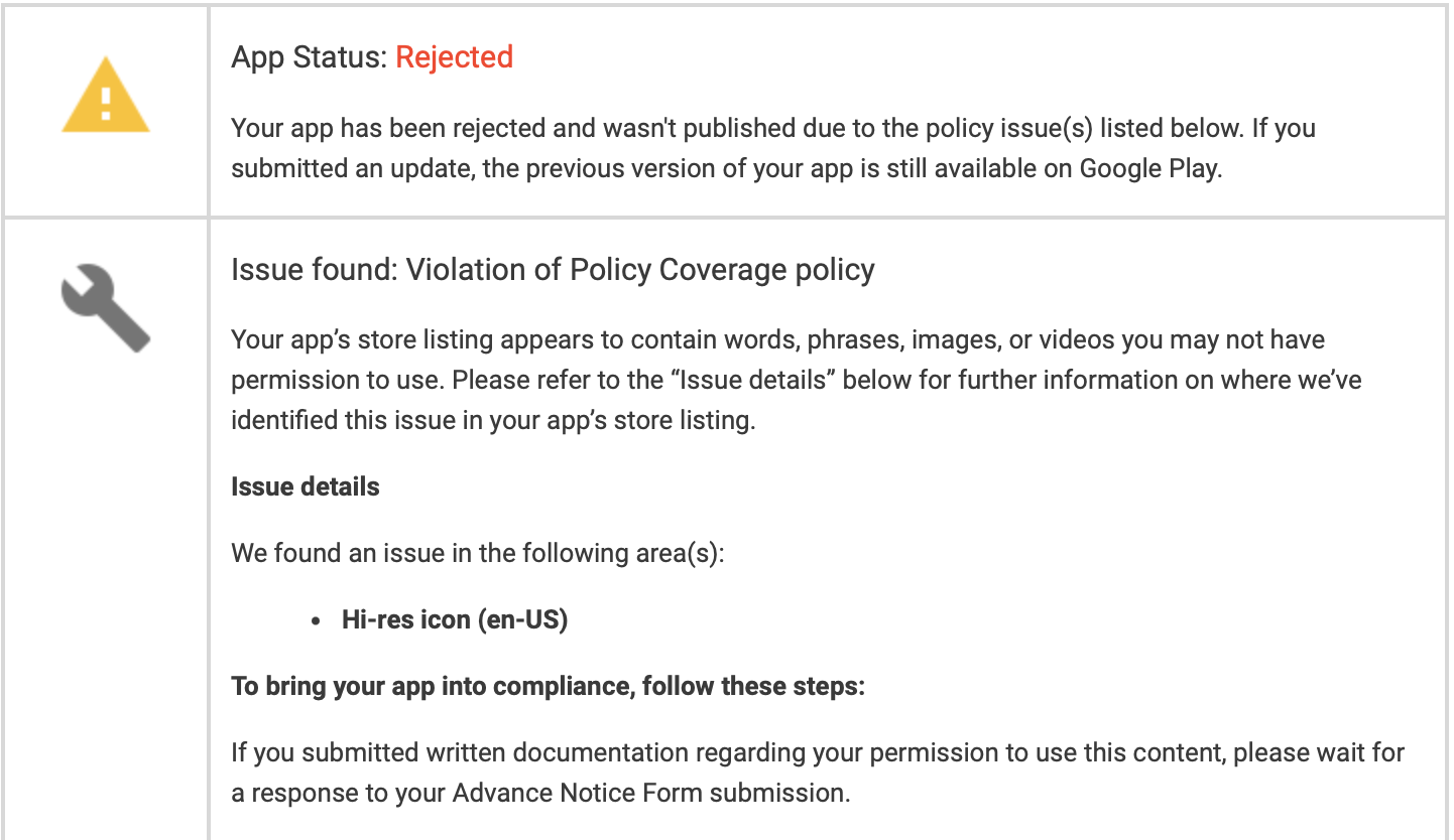 Google Play Console policy violation rejection notification dashboard panel