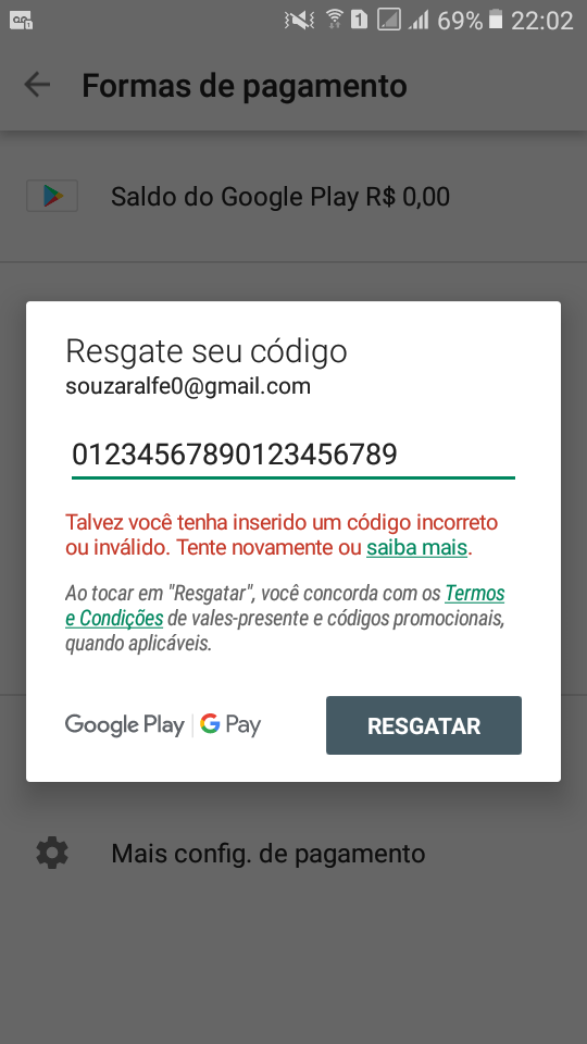 Código do presente inválido - Comunidade Google Play