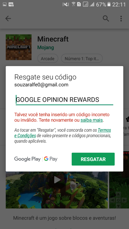 Quero resgatar meu código na play store mas só que não tá dando certo -  Comunidade Google Play