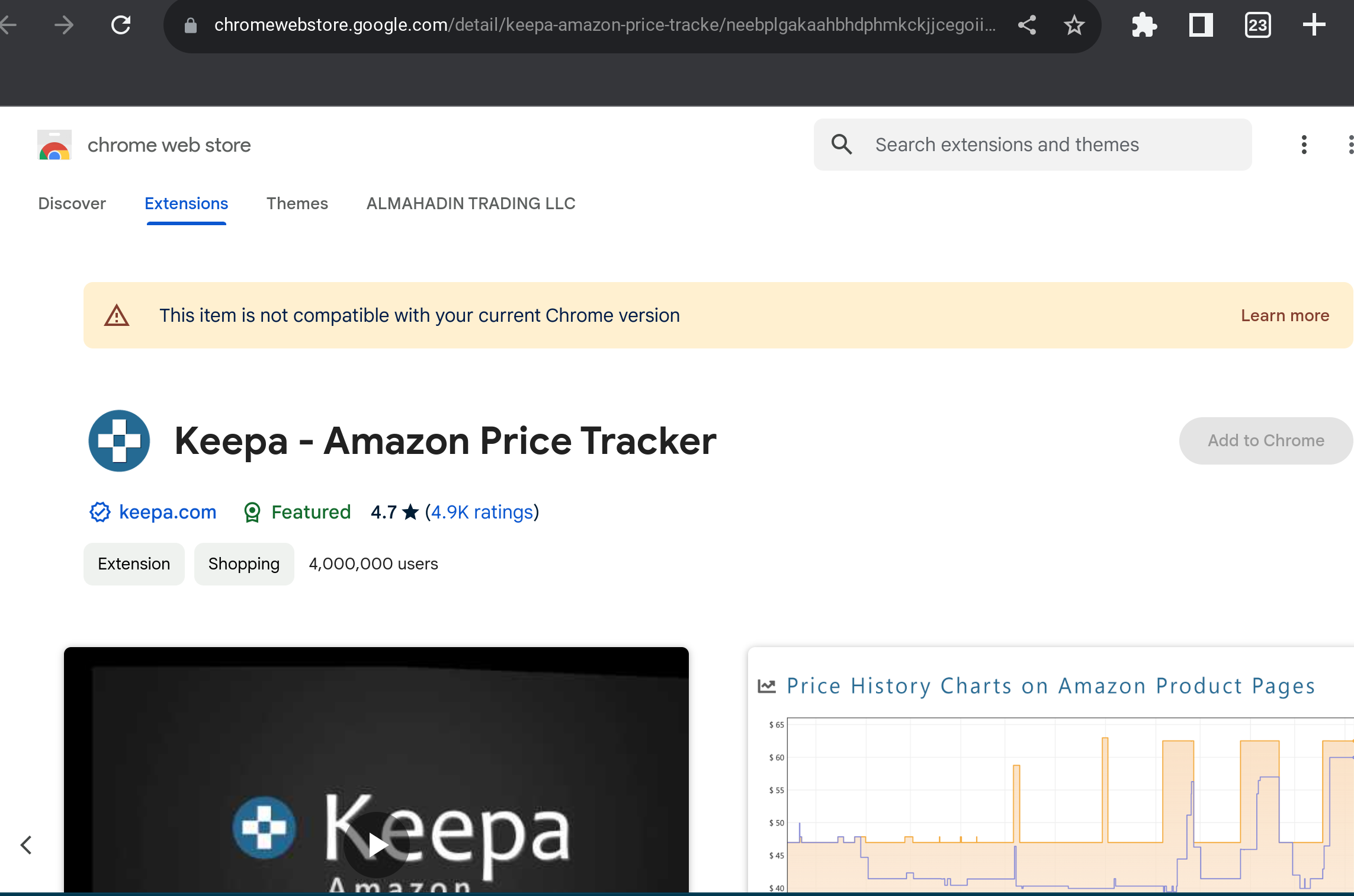 Keepa)Chrome extension shows Error: 