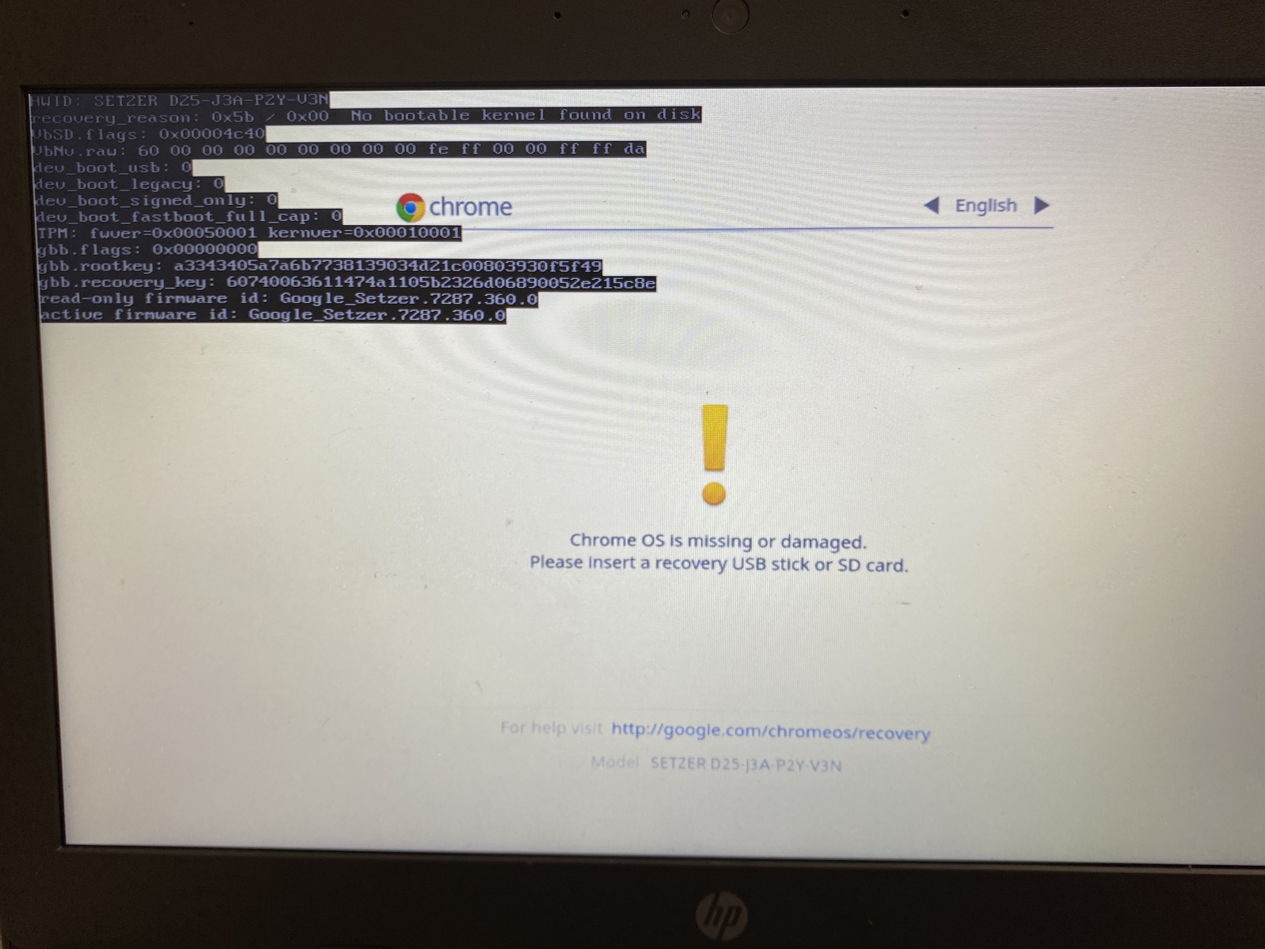 My laptop says chrome OS is missing or damaged please a recovery USB stick or an SD card - Chromebook