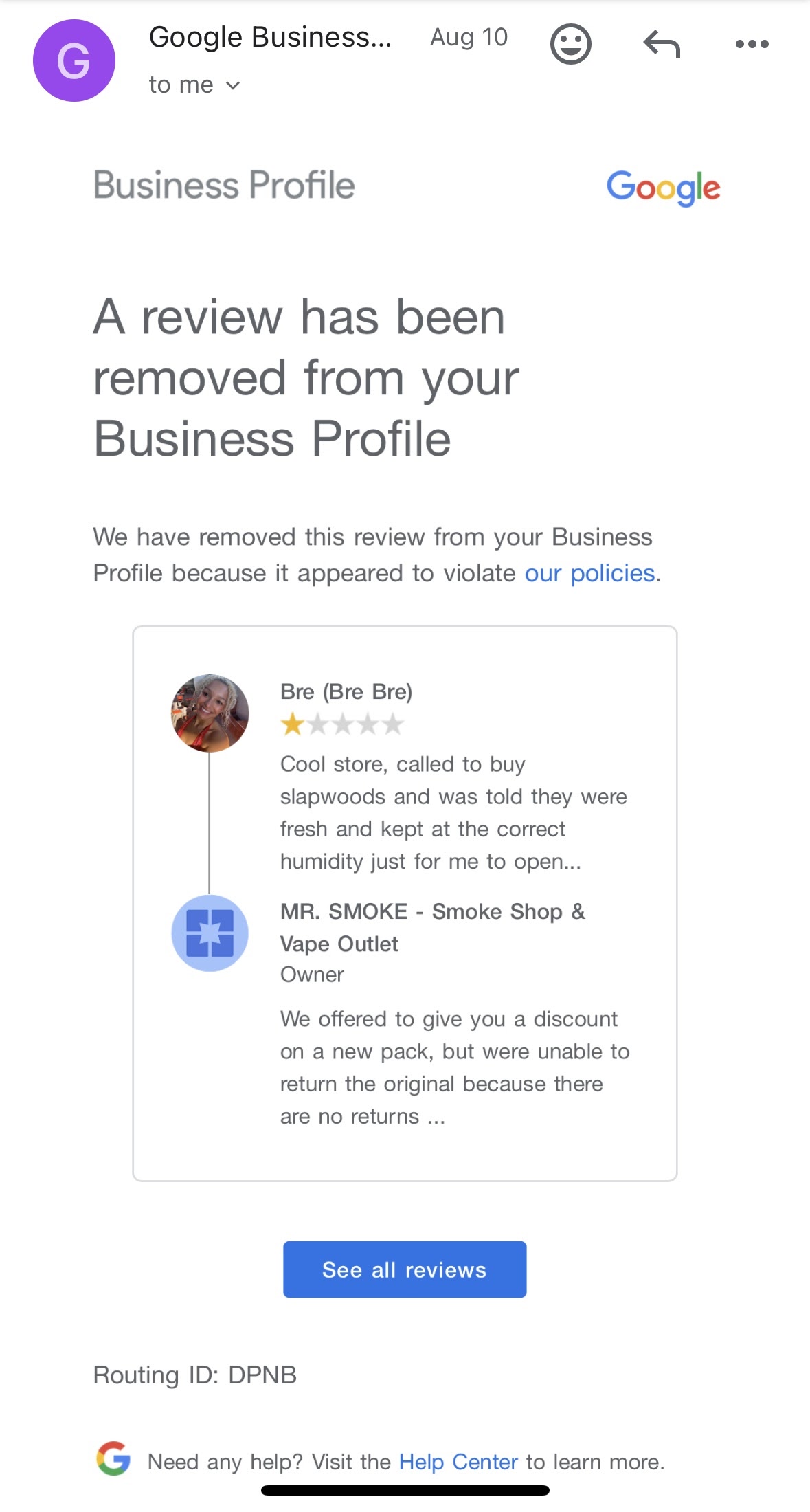 How long for google to remove review after getting email that said it will  be removed?