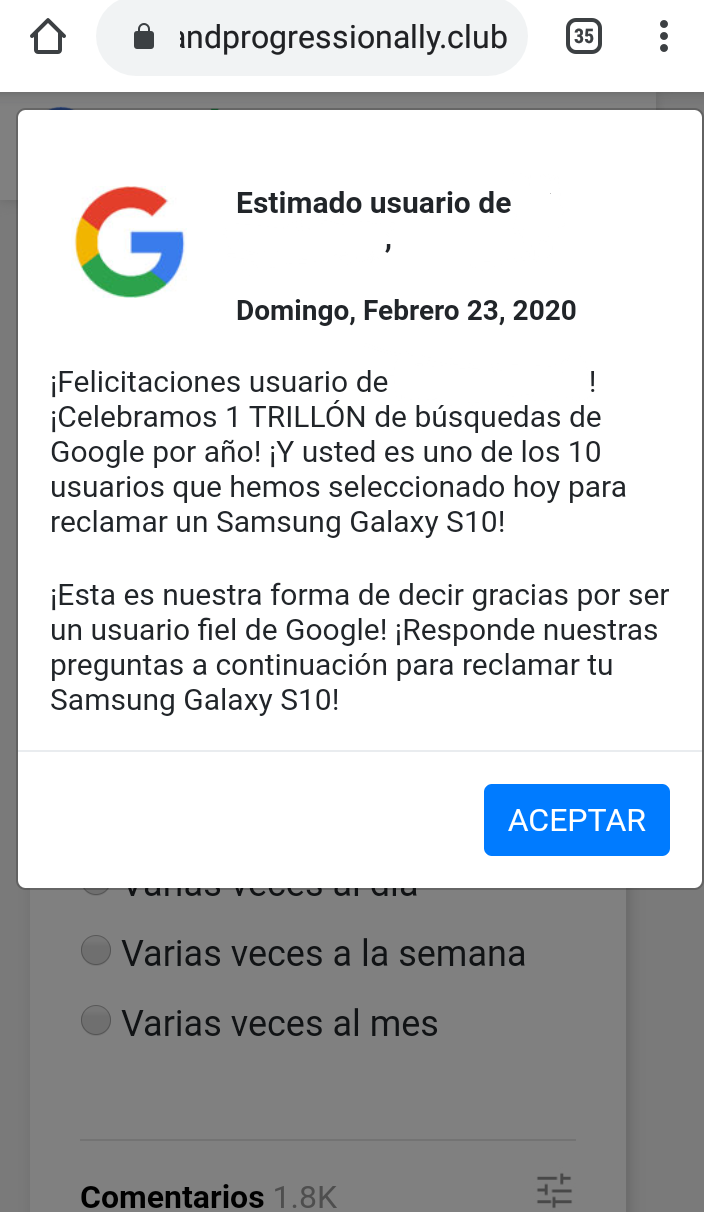 Hola sale un anuncio de que soy uno de los 10 usuarios seleccionados para  reclamar Samsung GalaxyS10 - Comunidad de Google Chrome