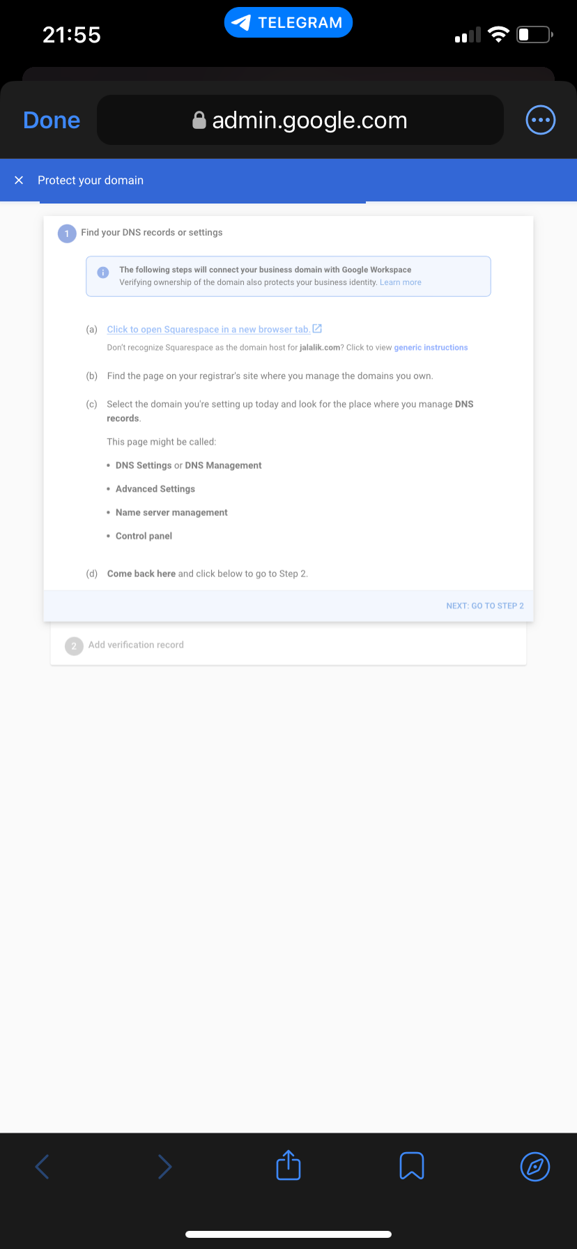 DNS Domain verification tab opens then automatically closes