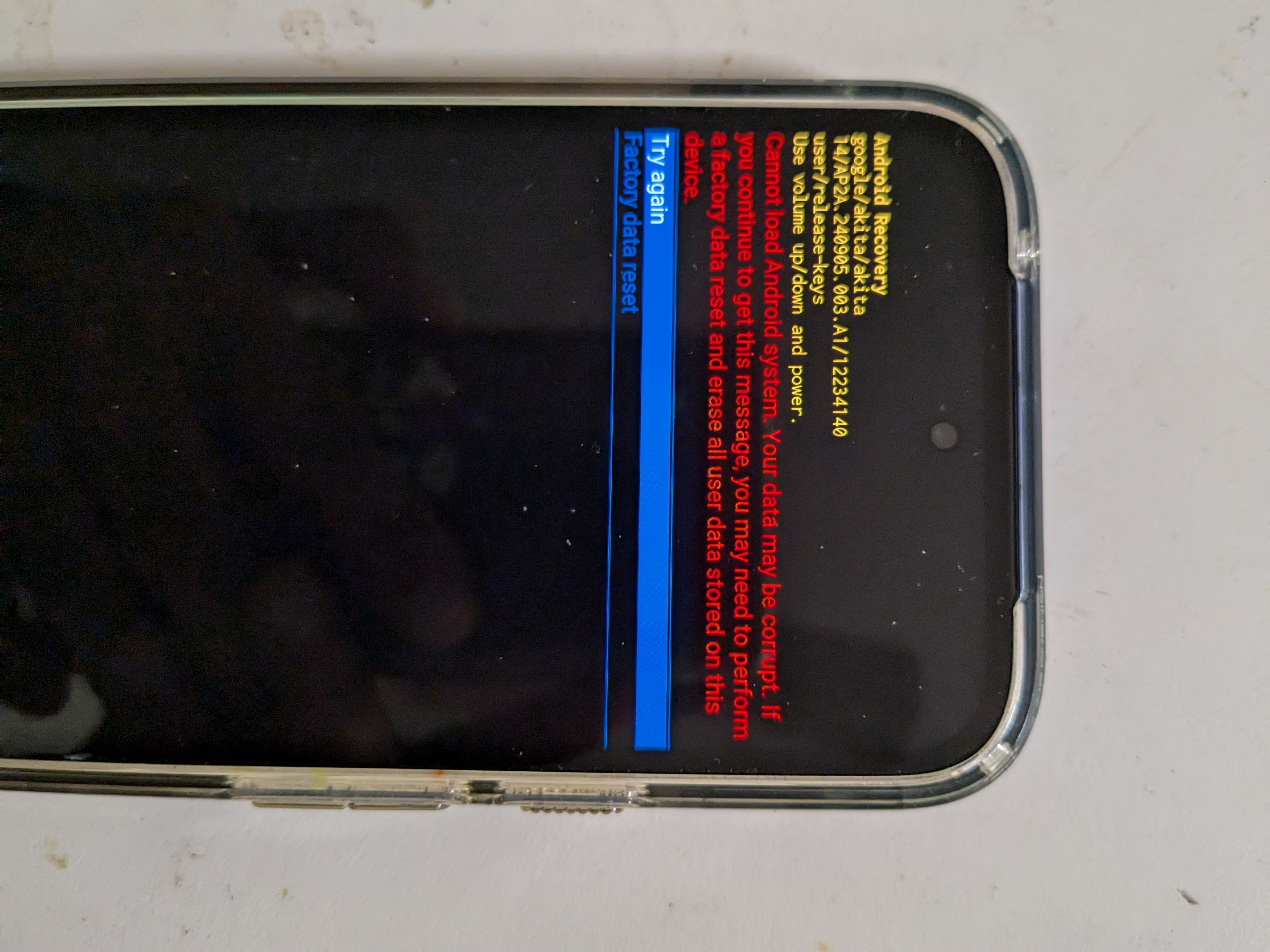 Pixel 8a. Sudden Error Android Recovery screen.Your data may