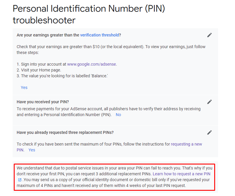 PIN problem. Not arrived. - Google AdSense Community