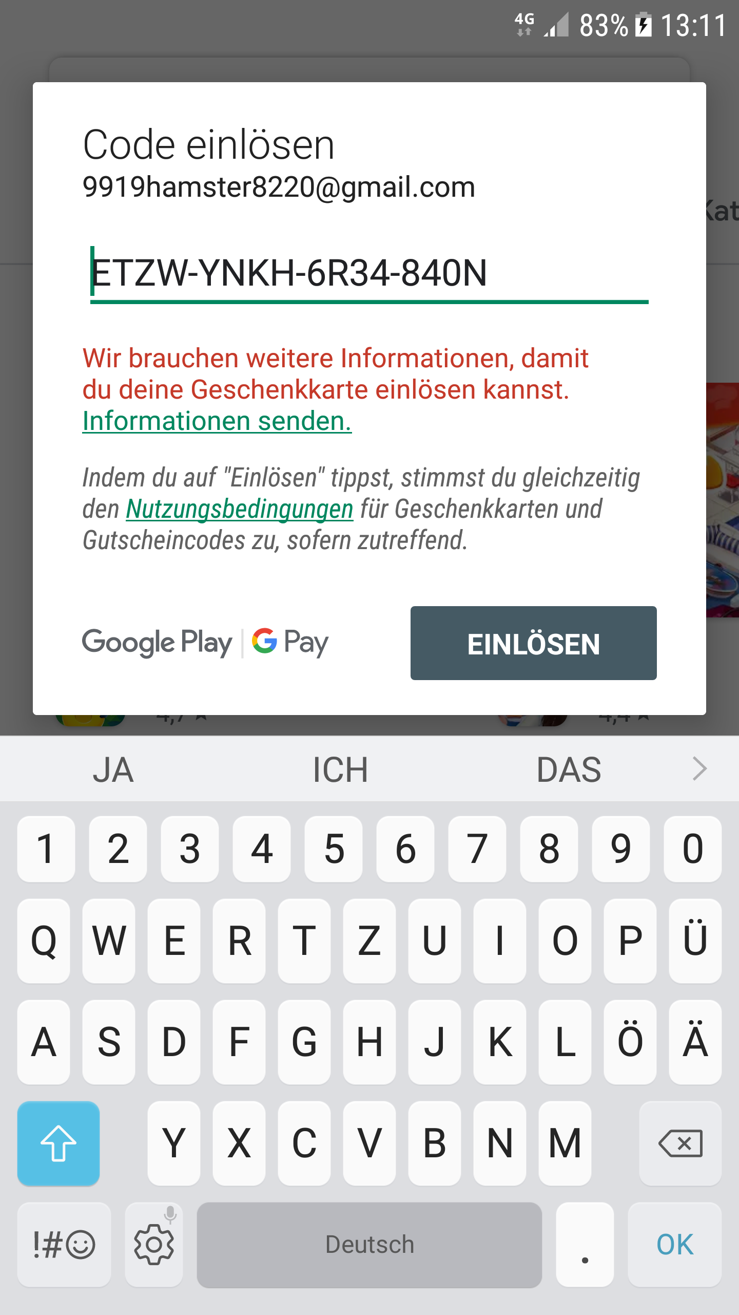 Play-Community von rückerstattet lösen gekauften und ei gutscheincode konnte habe € nicht - Ich Google möchte 100 es meinen