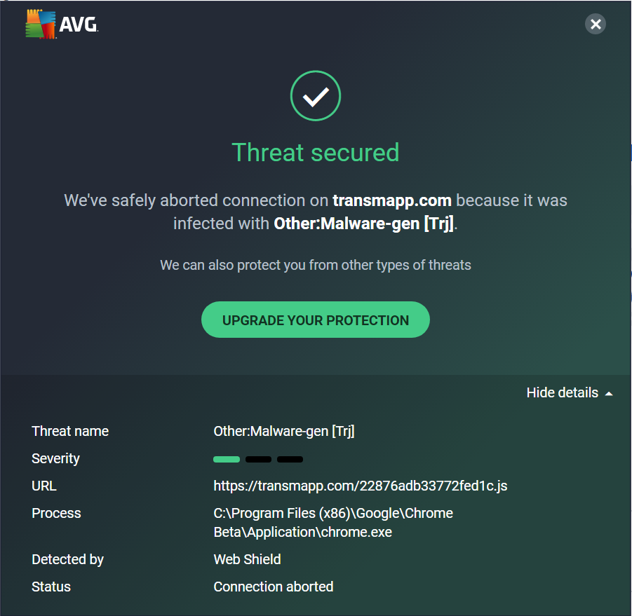 Avg Antivirus Detect A Malicious Site Linked To Google Chrome Beta Transmapp Com Google Chrome Community