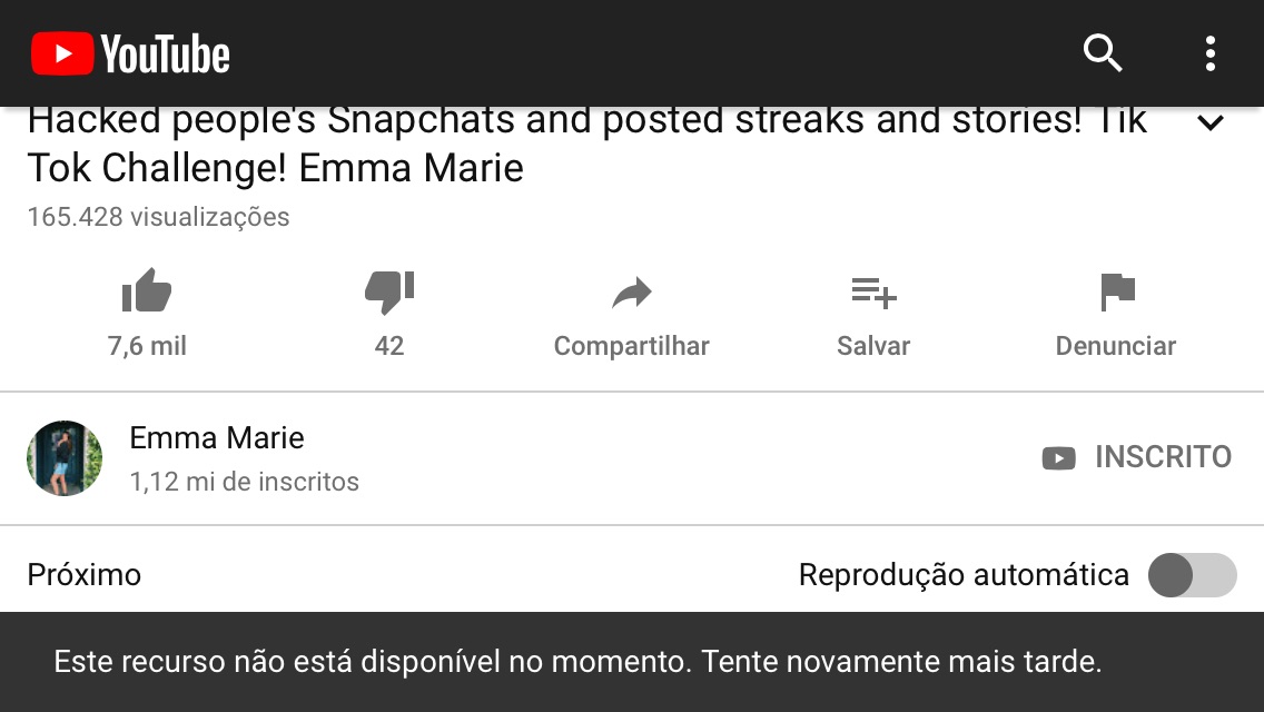 Erro do  - Este comentário não é compatível com vídeos