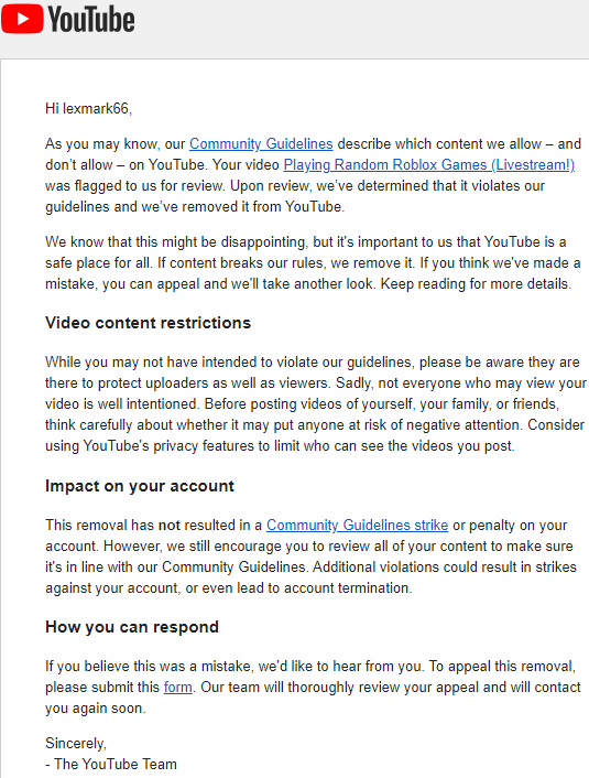 Livestream Was Taken Down To Protect Minors And Streaming Got Disabled Got No Strikes Tho Youtube Community - appeal application form roblox