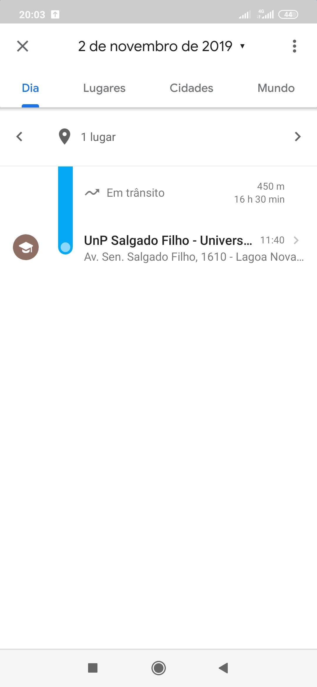 Na minha linha do tempo aparece em transito em um dia específico